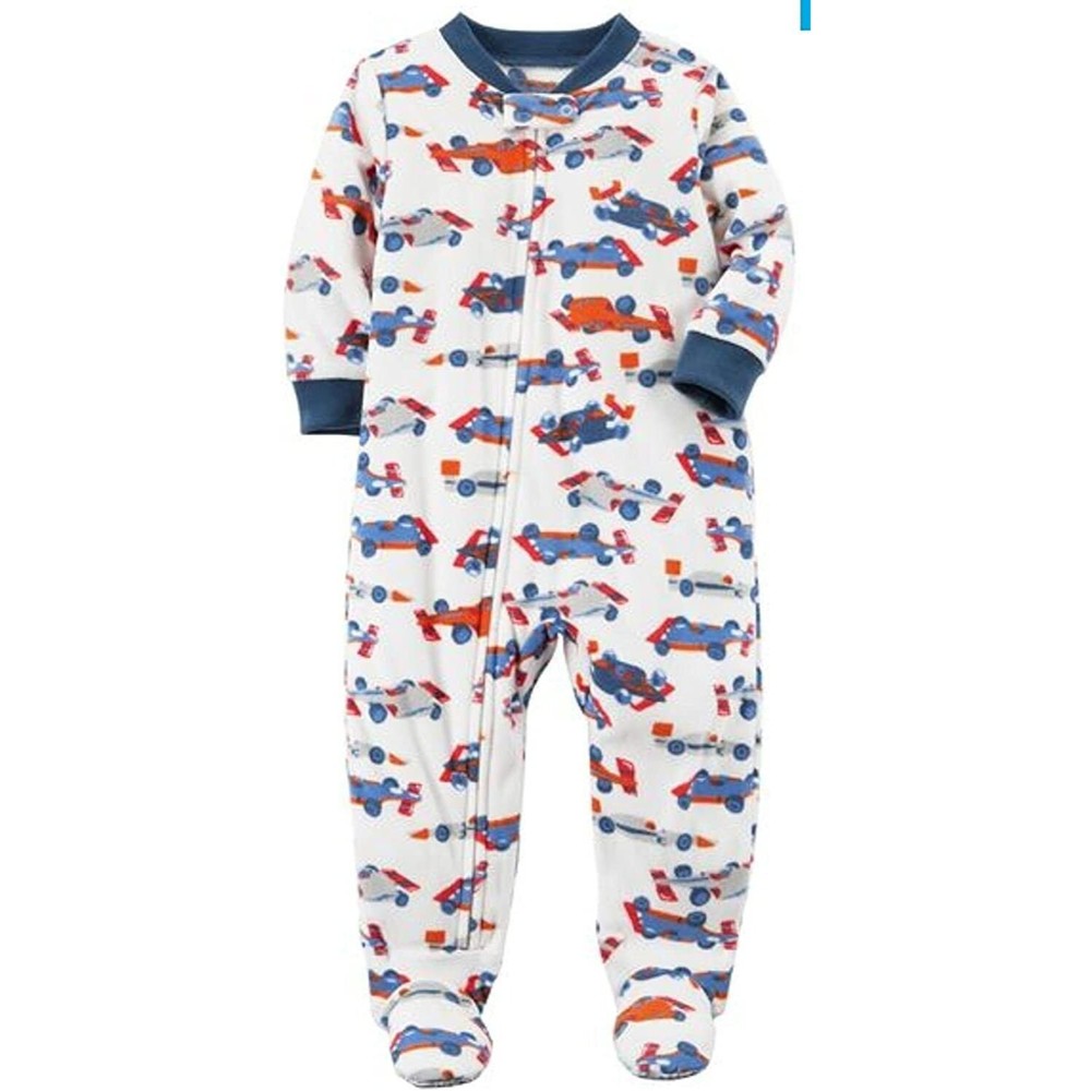 NEW Carter's Baby and Little Boys Race Cars Plush Fleece White Pajama Sleeper